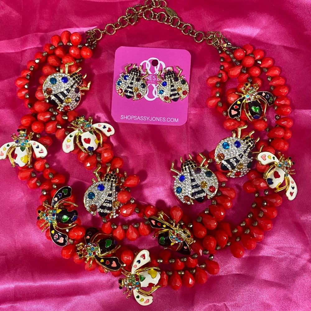 Sassy Jones Vibrant Red and Gold Ladybug Necklace Set